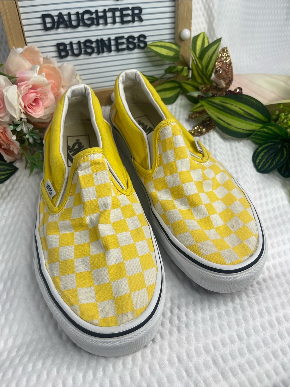 Vans Classic Slip On Yellow White Checkerboard Sneakers Womens Size 8.5 Skate - Picture 2 of 5